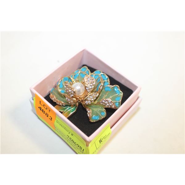 NEW PEONY BROOCH WITH BLUE AND RHINESTONE