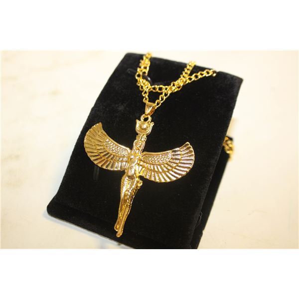 NEW GOLD TONED ISIS WINGED NECKLACE, EGYPTIAN