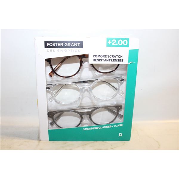 FOSTER GRANT 3 READING GLASSES, 1 CASE, +2.00 LDS