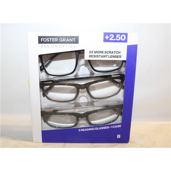 FOSTER GRANT 3 READING GLASSES, 1 CASE, +2.50