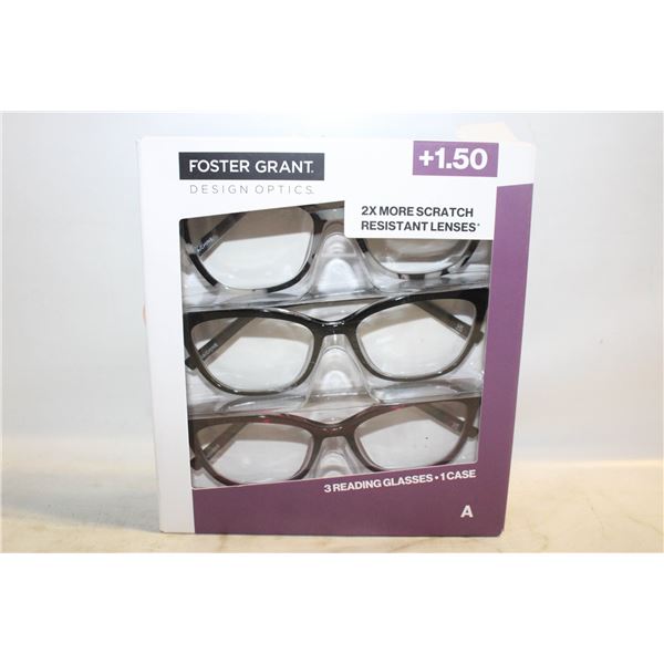 FOSTER GRANT 3 READING GLASSES, 1 CASE, +1.50 LDS
