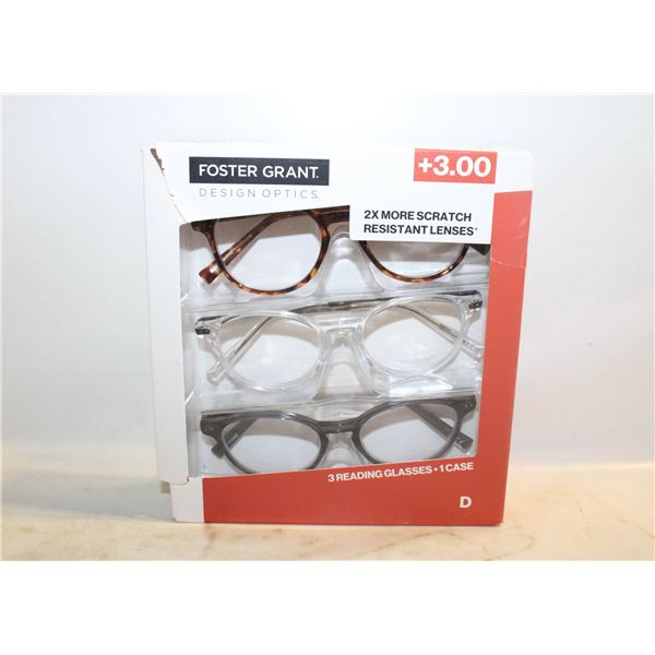 FOSTER GRANT 3 READING GLASSES, 1 CASE, +3.00 LDS