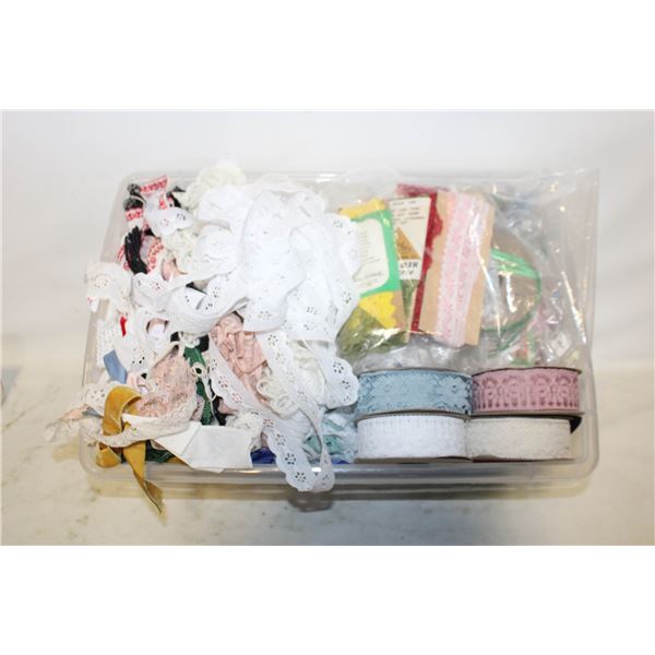 16" X 11" X 7" PLASTIC TUB WITH RIBBON, LACE,
