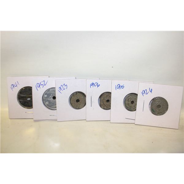 COINS WITH CENTER HOLES 1906,10,26,23,41,52
