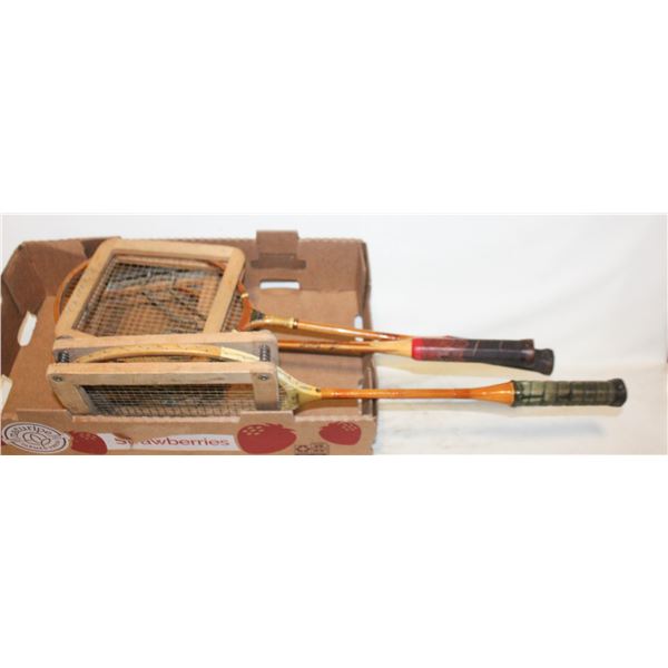 3 VINTAGE BADMINTON RACKETS & HOLDERS