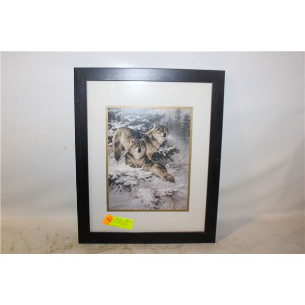 WOLF THEME FRAMED MATTED AND GLASS ENCAED PICTURE
