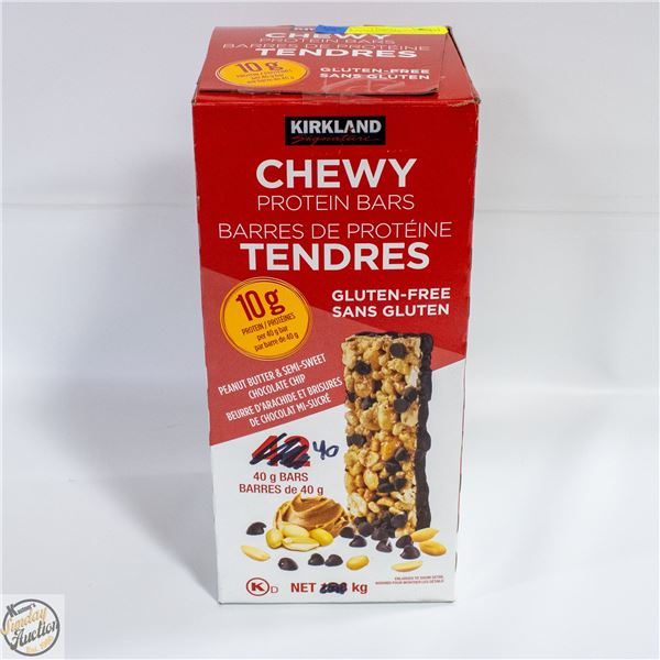 BOX OF KIRKLAND CHEWY PROTEIN BARS PB & CHOC CHIPS