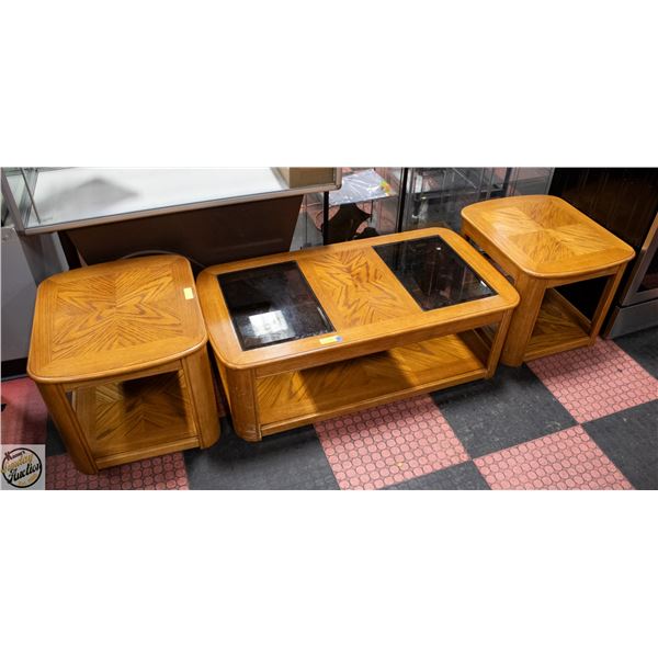 SET OF 3 WOOD COFFEE TABLE WITH END TABLES