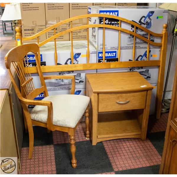 HEADBOARD WITH NIGHTSTAND AND HARP STYLE CHAIR