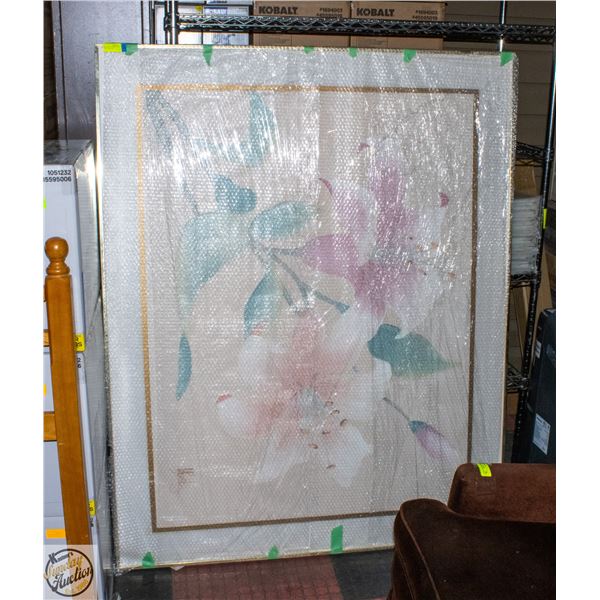 48" X 60" FRAMED FLORAL TEXTURED ART