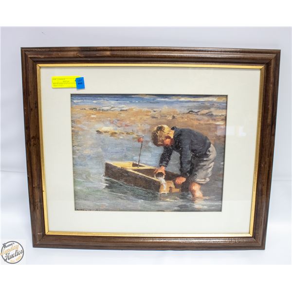 BOY PLAYING IN RIVER FRAMED PRINT 19"X23"