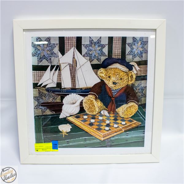 TEDDY BEAR PLAYING CHECKERS FRAMED PRINT