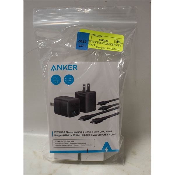 ANKER 30W USB CHARGER PLUS 1 CABLE 6FT