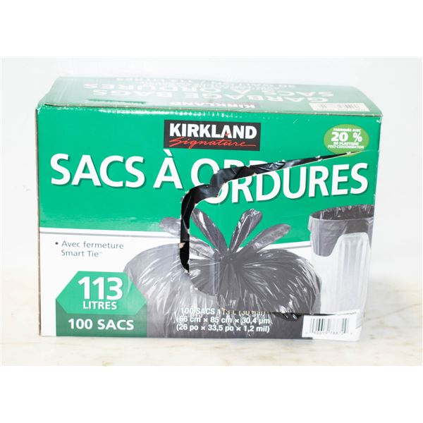 BOX OF KIRKLAND GARBAGE BAGS 30 GALLONS