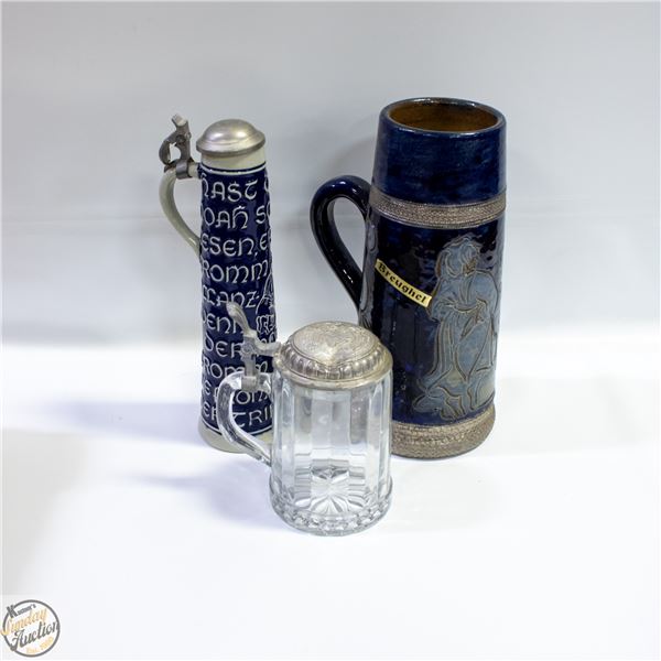 LOT OF 3 STEINS - ONE NEEDS LID RE-ATTACHED