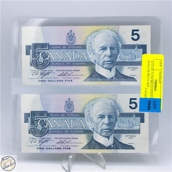 LOT OF 2 UNCIRCULATED FIVE DOLLAR BILLS 2001