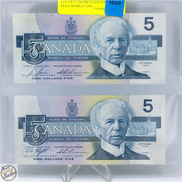 LOT OF 2 UNCIRCULATED FIVE DOLLAR BILLS 2001