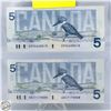 Image 2 : LOT OF 2 UNCIRCULATED FIVE DOLLAR BILLS 2001