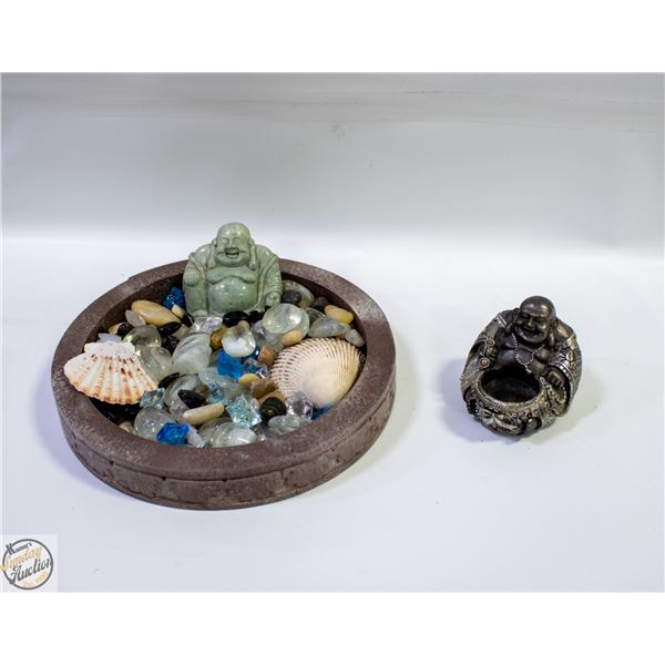 COLLECTION OF 2 BUDDHA'S (1 JADE), SHELLS &