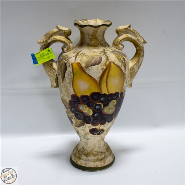 CERAMIC DOUBLE HANDLED FOLK ART VASE 8.5" X 14"