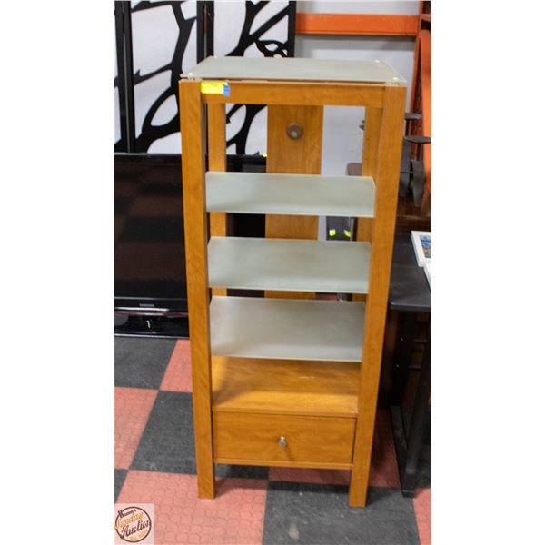 WOOD AND FROSTED GLASS SHELF 21" X 19" X 52"