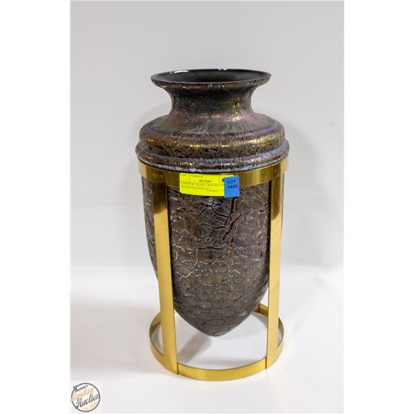 CARNIVAL GLASS CRACKLE VASE ON BRASS STAND 16"