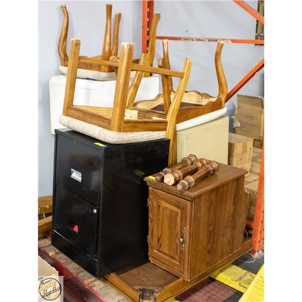 PALLET WITH 2 FILE CABINETS, SIDE TABLE RACK,