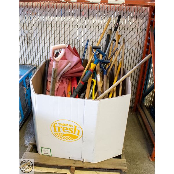 PALLET OF ESTATE ITEMS INCLUDES YARD TOOLS AND