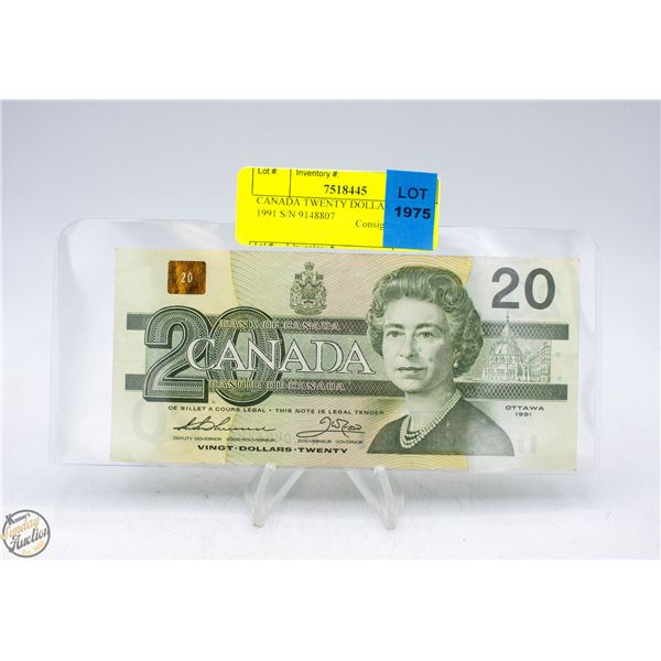 CANADA TWENTY DOLLAR BILL 1991 S/N 9148807