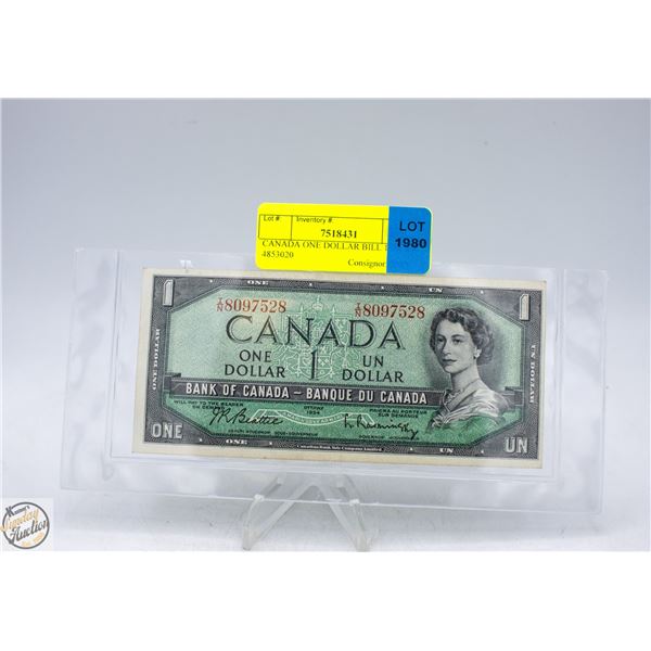 CANADA ONE DOLLAR BILL 1954 S/N 4853020