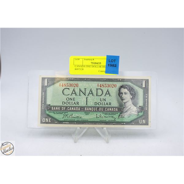 CANADA ONE DOLLAR BILL 1954 S/N 8097528