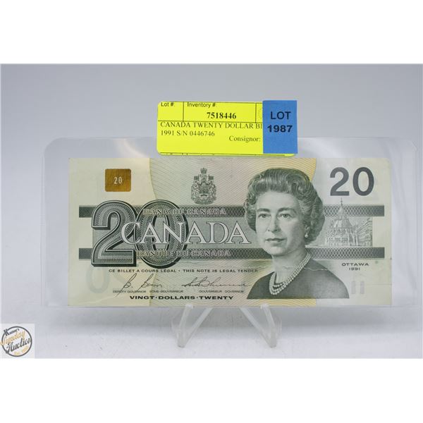 CANADA TWENTY DOLLAR BILL 1991 S/N 0446746