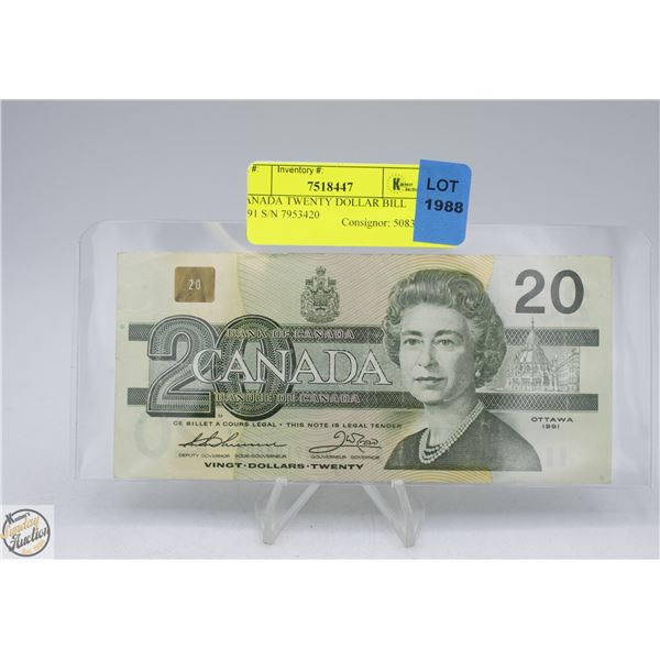 CANADA TWENTY DOLLAR BILL 1991 S/N 7953420
