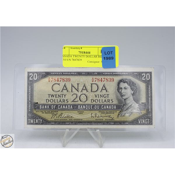 CANADA TWENTY DOLLAR BILL 1954 S/N 7847839