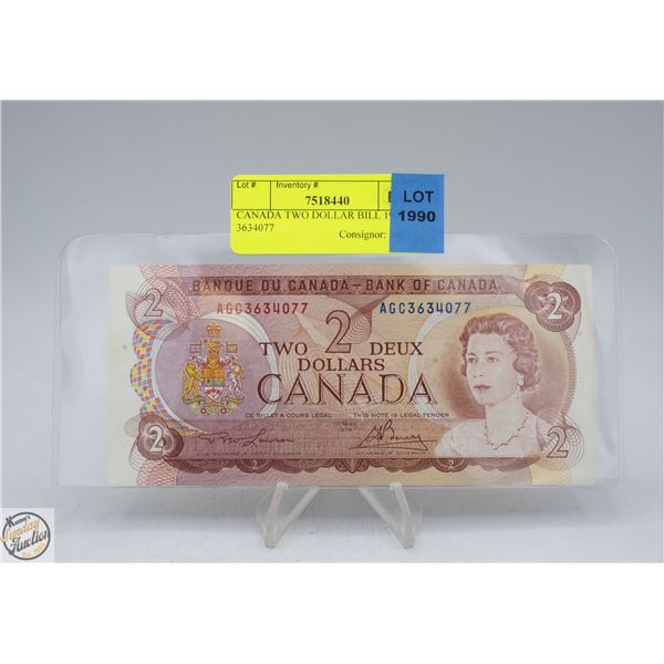CANADA TWO DOLLAR BILL 1974 S/N 3634077
