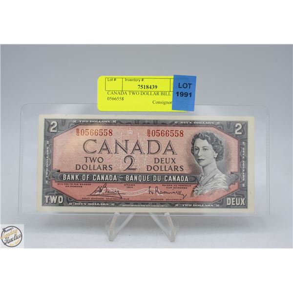 CANADA TWO DOLLAR BILL 1954 S/N 0566558