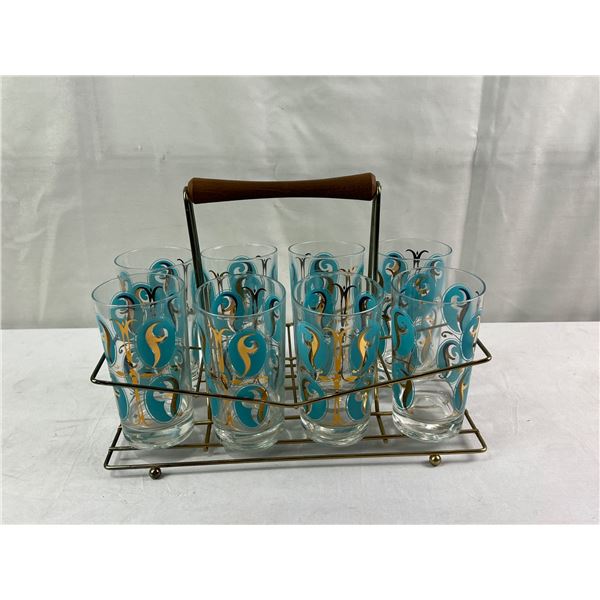 Vintage 1950s Highball Glasses in Metal Carrier