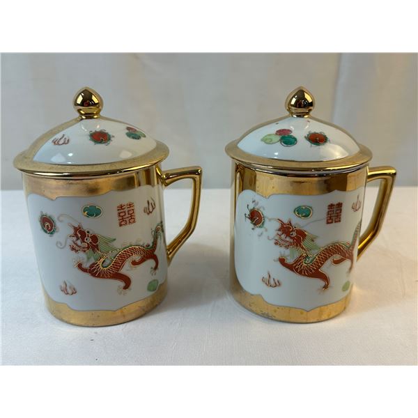 2 1970s Chinese Gold Dragon Phoenix Mug