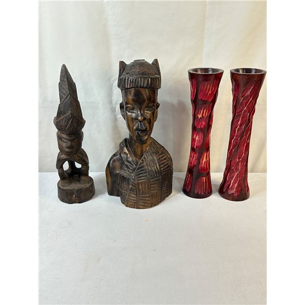 2 Wood Statues & 2 Wood Decorations from Africa