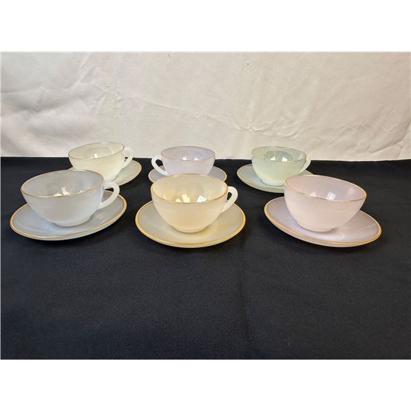 Arcopal France Harlequin Pastel Colors Milk glass Tea Cups and Saucer
