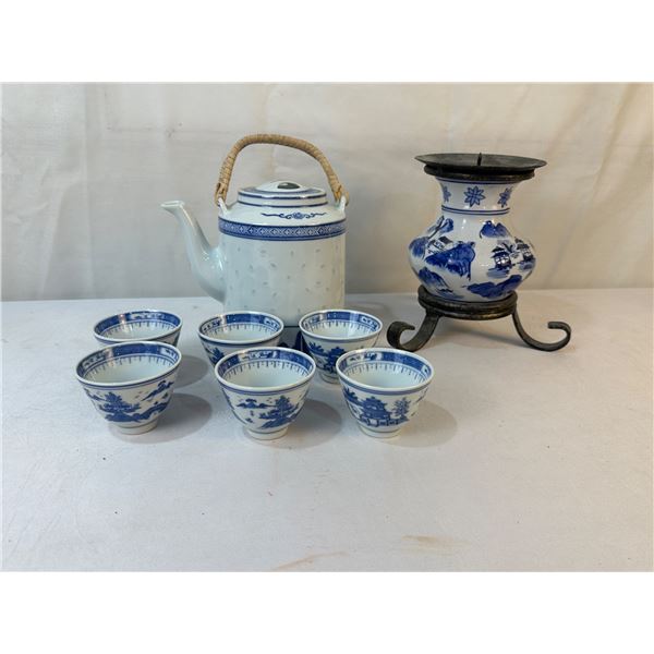 Vintage Chinese Teapot with Cups & Candle Holder