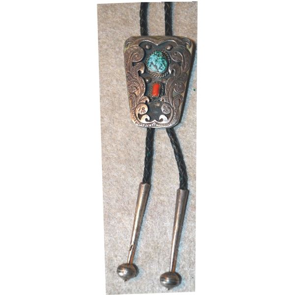Navajo silver, coral & turquoise bolo tie