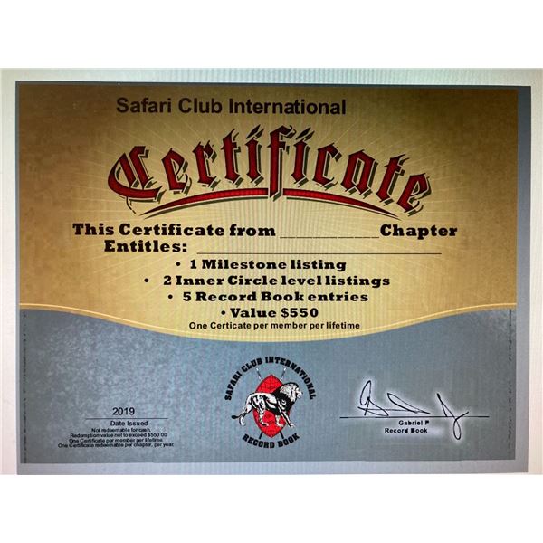 Safari Club International  Record Book Certificate