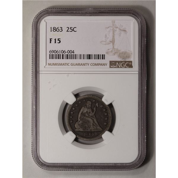 1863 Seated Liberty No Motto Quarter NGC F15