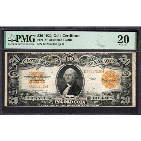 1922 $20 Gold Certificate PMG 20