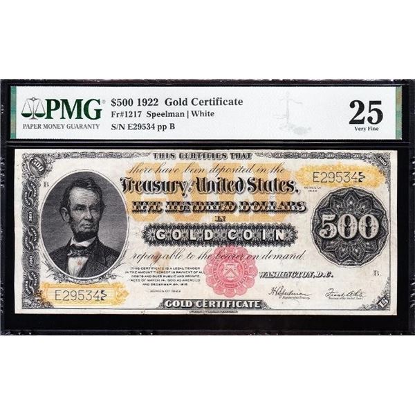 1922 $500 Gold Certificate PMG 25