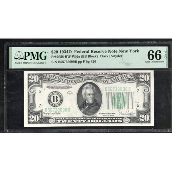 1934D $20 New York FRN PMG 66EPQ