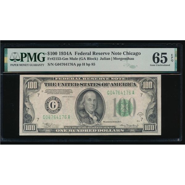 1934A $100 Mule Chicago FRN PMG 65EPQ
