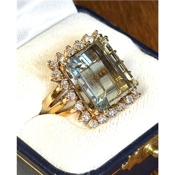 STEPHEN & YVONNE MILLER: 12.5 Carat Aquamarine and Diamond Cocktail Ring in 14K Yellow Gold