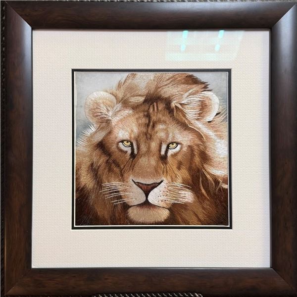 STEPHEN H. MILLER: Custom Framed Handmade Lion Suzhou Silk Art